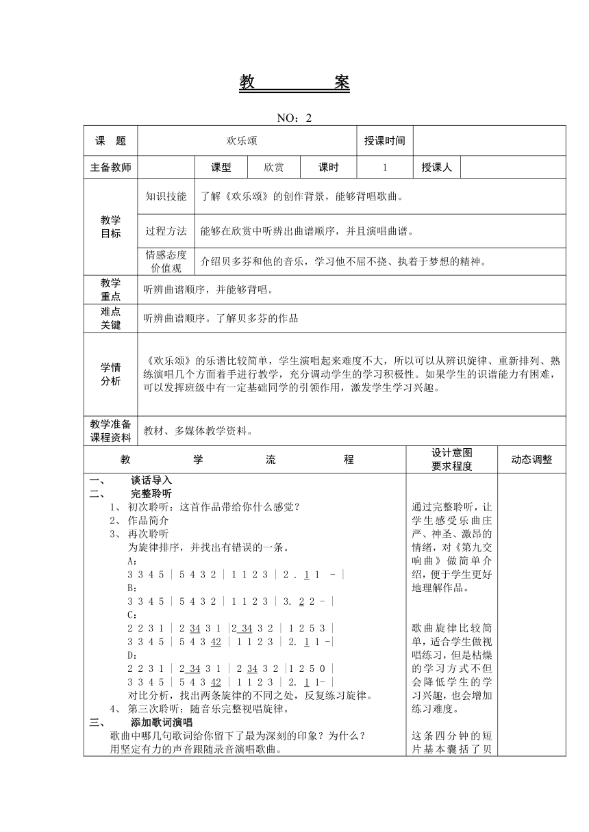 人教版六年级下册第一单元 欢乐颂 教案（表格式）