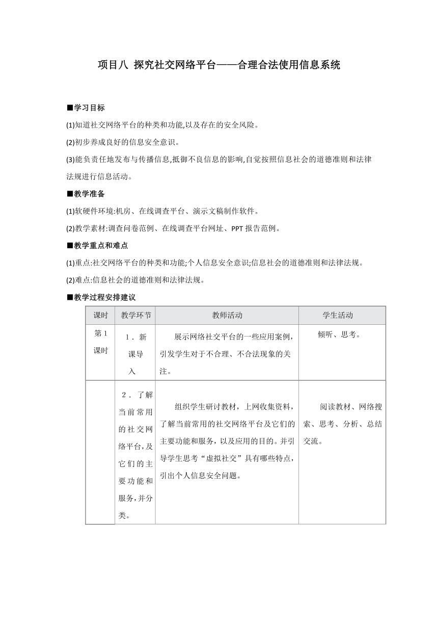 沪教版（2019）高中信息技术 必修2 项目八 探究社交网络平台——合理合法使用信息系统 教案