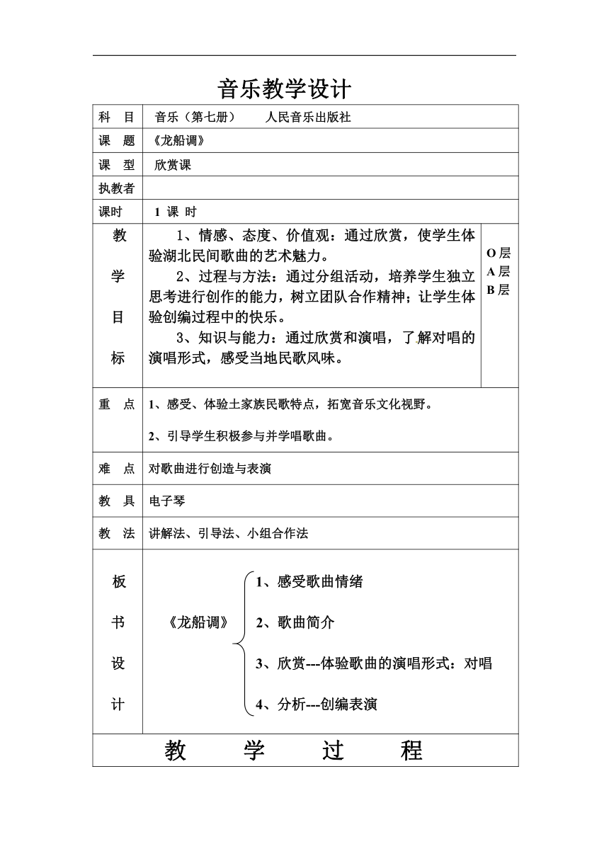 人音版七年级音乐下册（五线谱）第五单元《龙船调》教学设计（表格式）