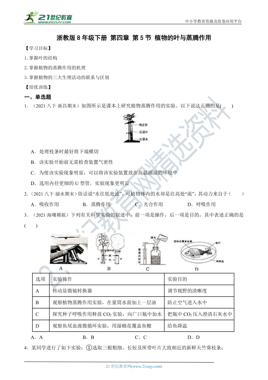 【同步拔高训练】浙教版8年级下册 第四章 第5节 植物的叶与蒸腾作用（含答案）