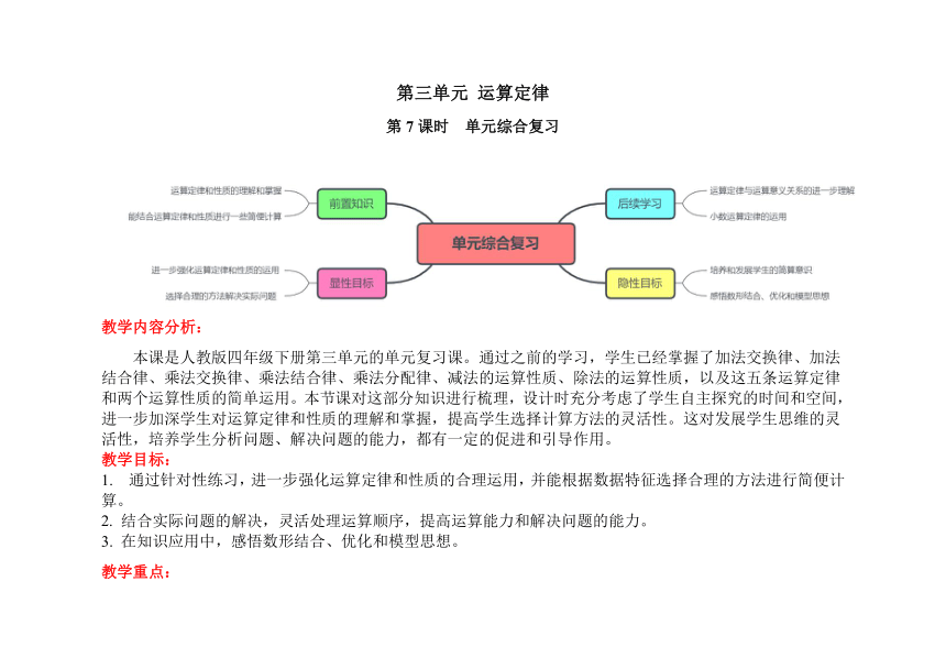 人教版四年级下册数学第三单元 第7课时《单元综合复习》教案（表格式）