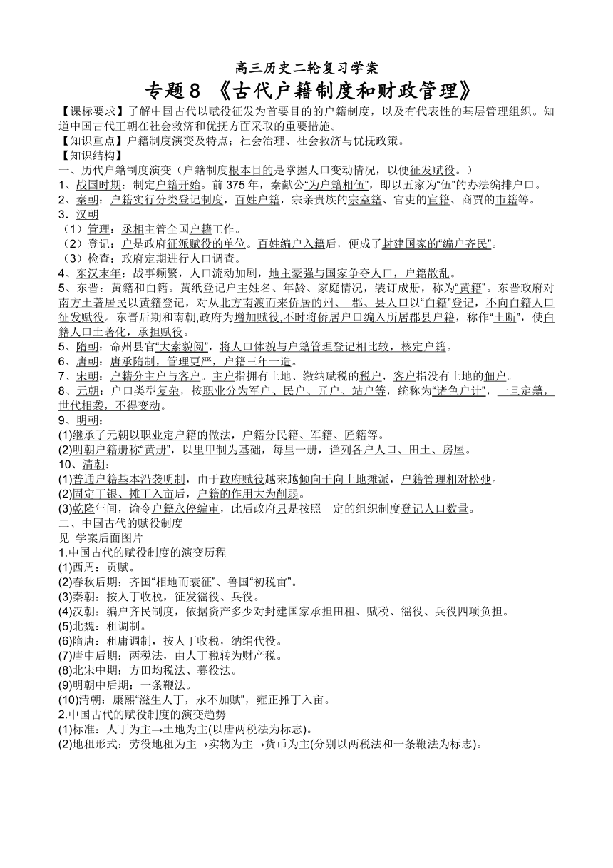 专题 《古代户籍制度和财政管理》知识清单--2024届高三统编版历史二轮复习