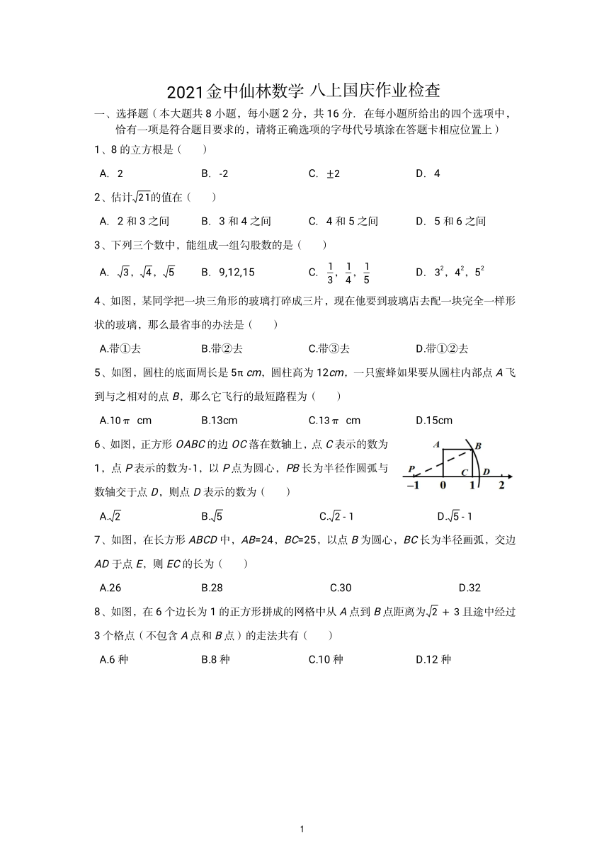 江苏省南京市栖霞区金陵中学仙林分校2021—2022学年上学期10月月考八年级数学试题（图片版含答案）