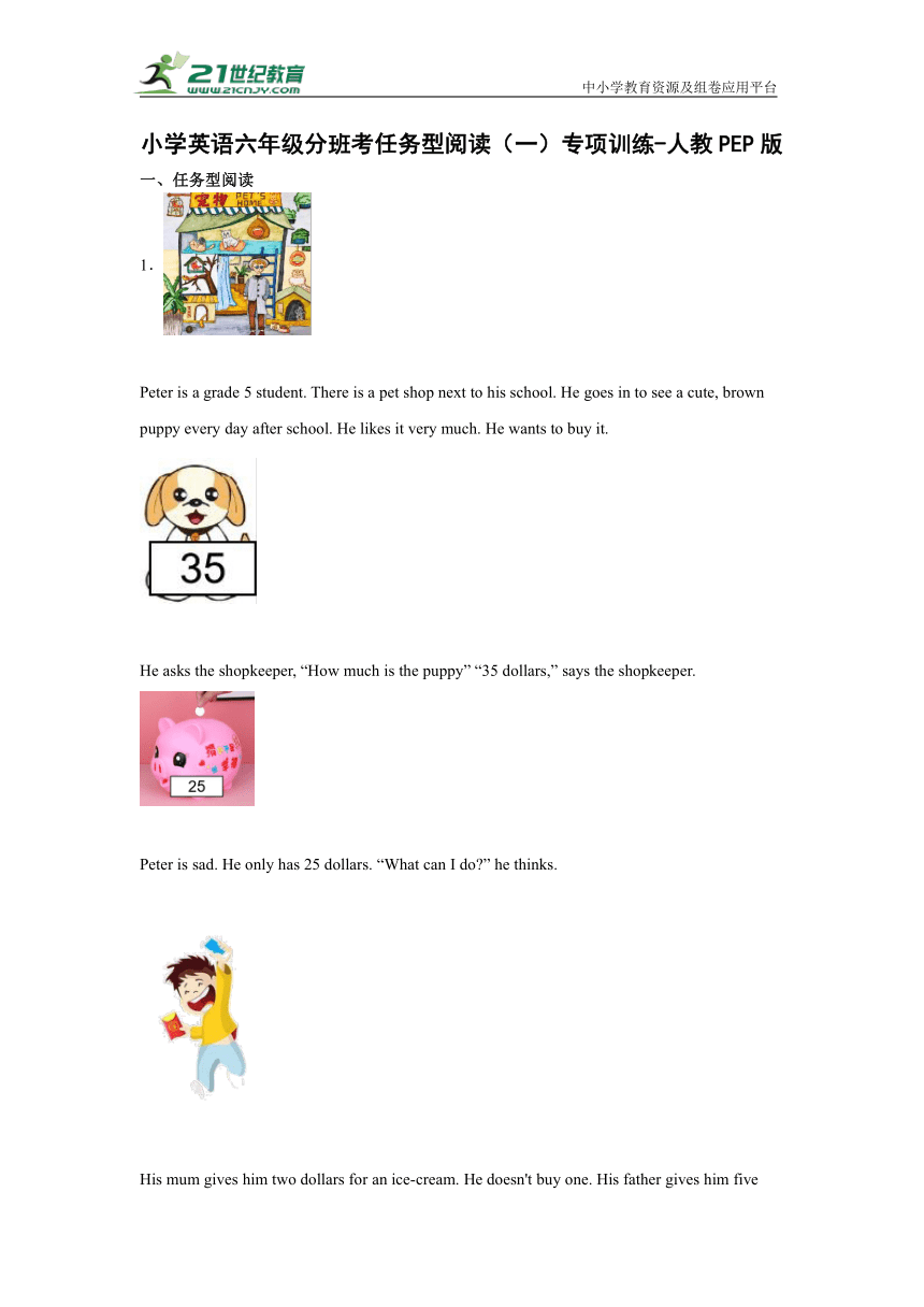 小学英语六年级分班考任务型阅读（一）专项训练-人教PEP版（含答案及解析）