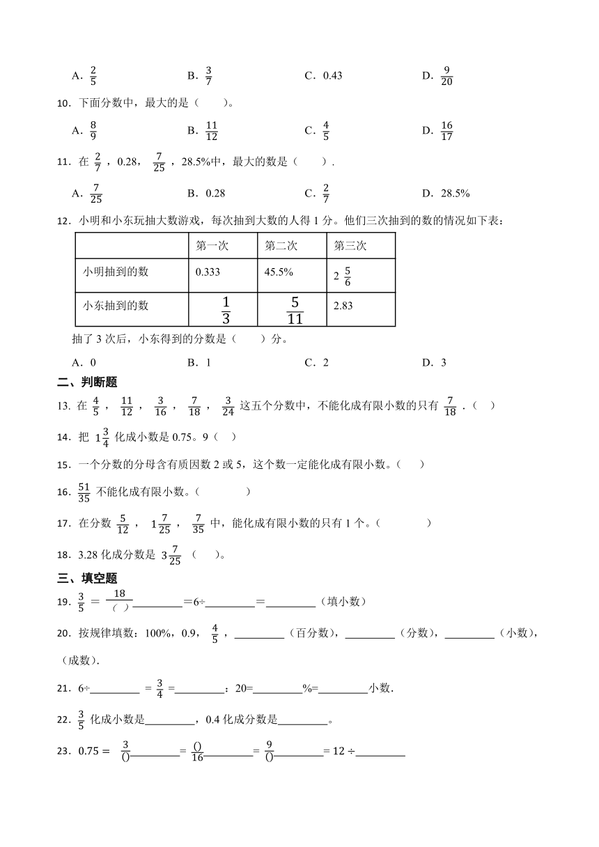 《分数和小数的互化》（同步练习）五年级下册数学人教版(有答案)