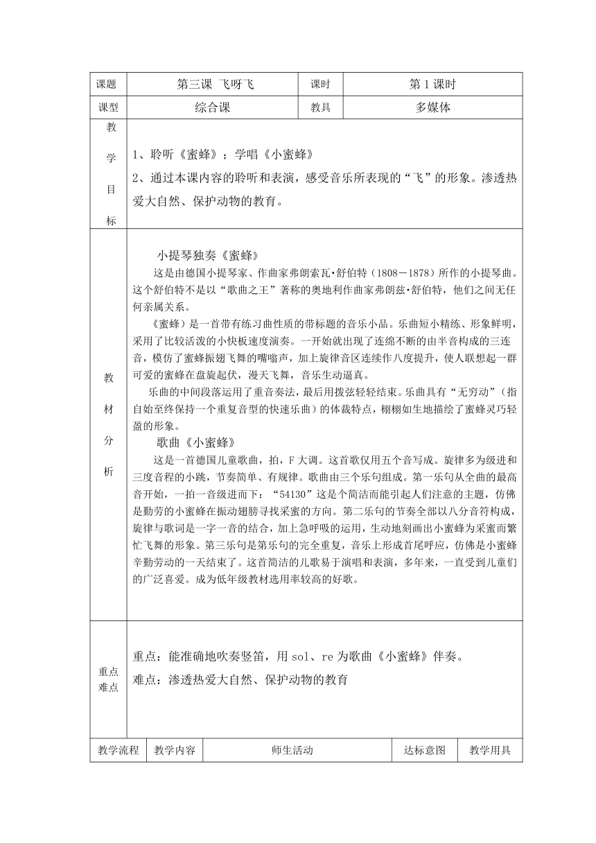 人音版 音乐二年级下册飞呀飞 第一课时小蜜蜂（教案）（表格式）