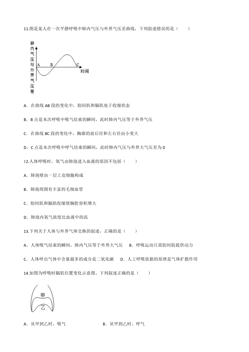 济南版七年级生物下册 3.2人的生活需要空气 章节综合练习题 （含答案）