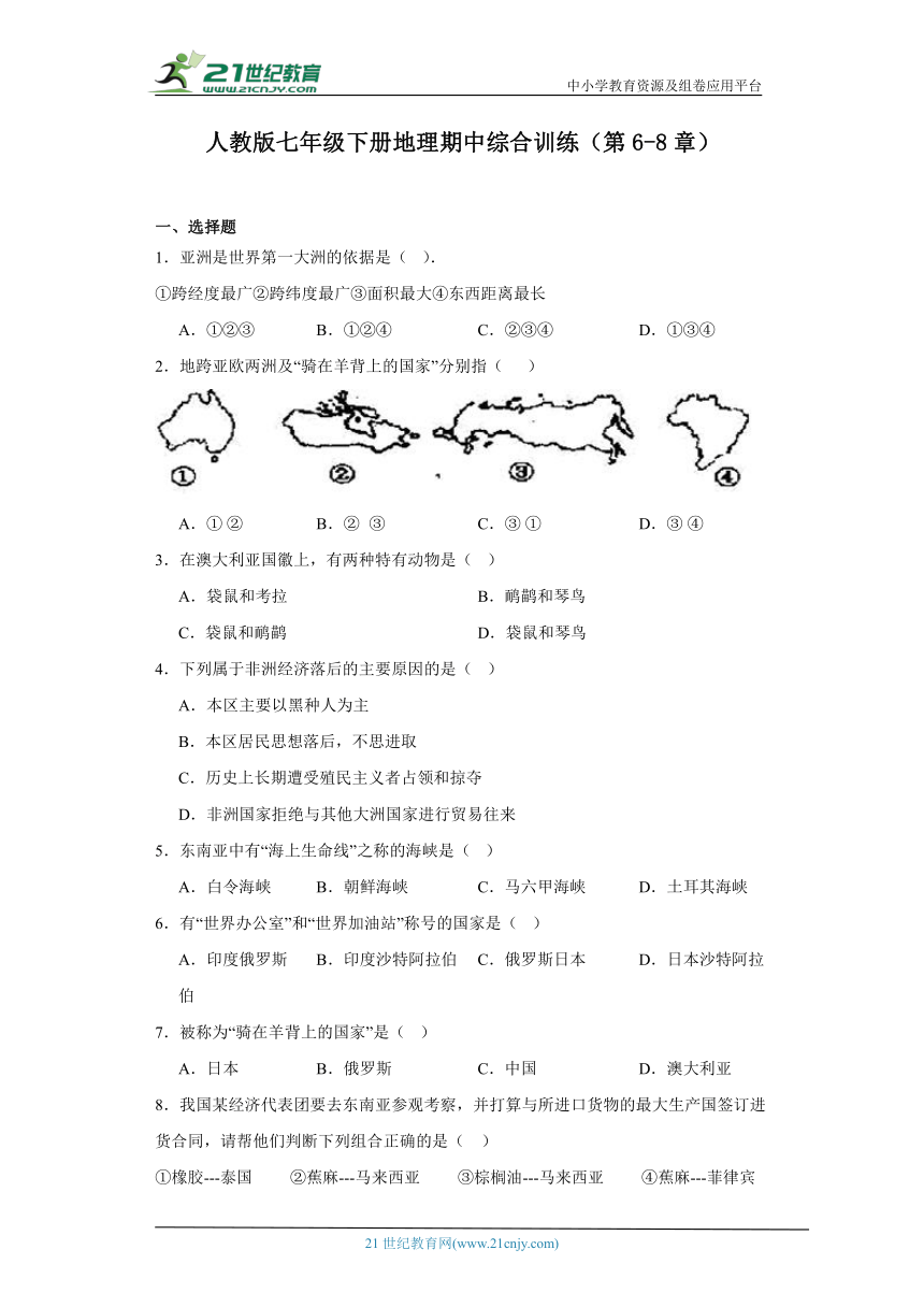 人教版七年级下册地理期中综合训练（第6-8章）