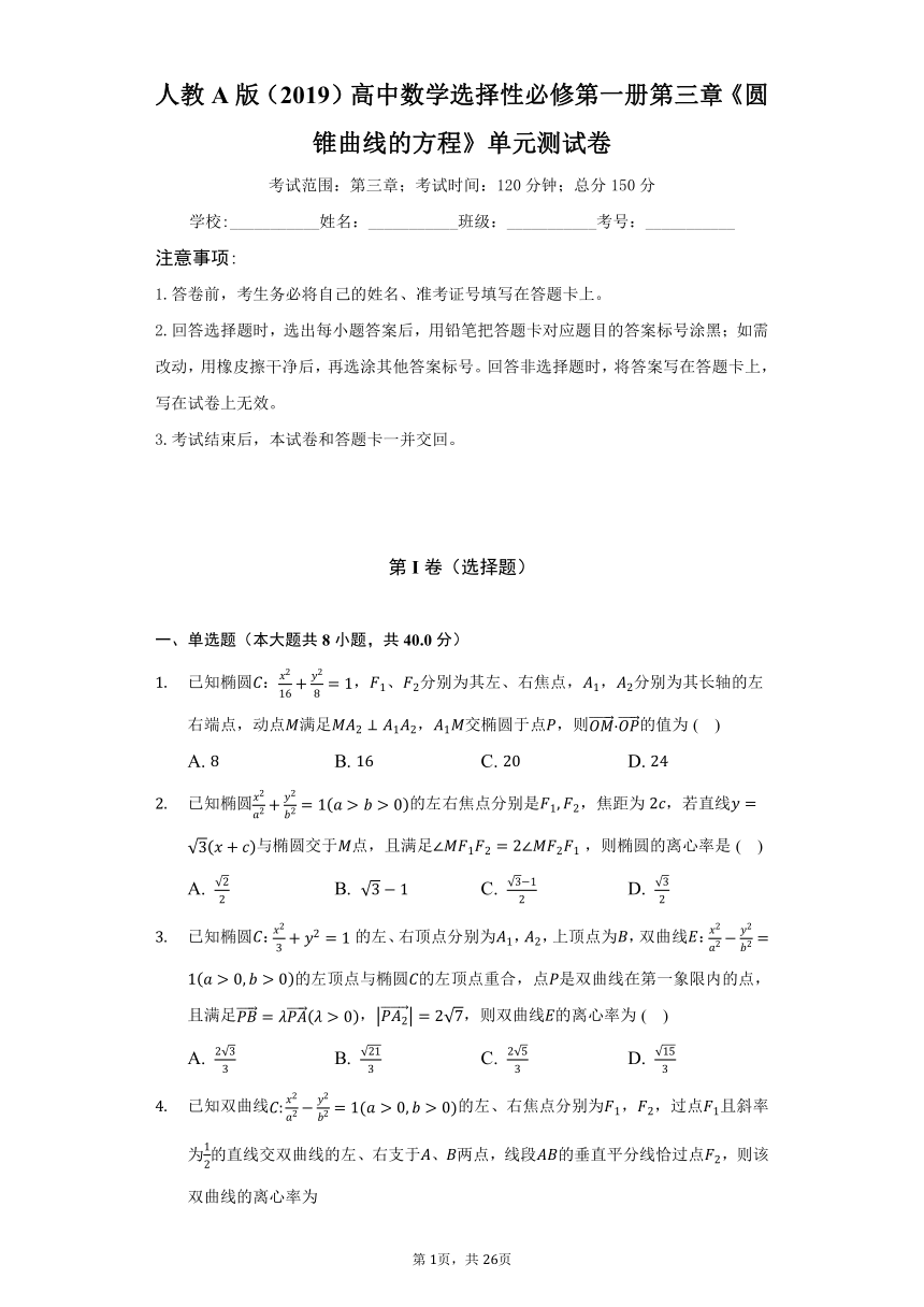 人教A版（2019）高中数学选择性必修第一册第三章《圆锥曲线的方程》单元测试卷（困难）（含答案解析）