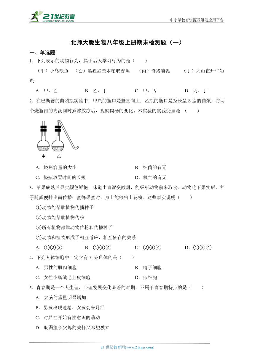 北师大版生物八年级上册期末检测题（一）（含解析）