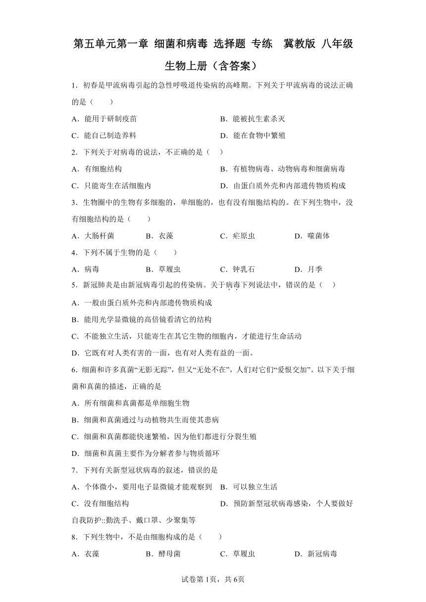 5.1 细菌和病毒 选择题 专练  冀教版 八年级生物上册（含答案）