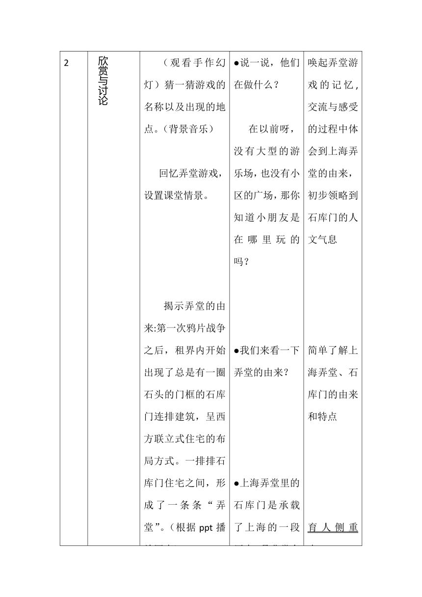 沪教版 五年级上册美术教案第10课 上海弄堂 （表格式）