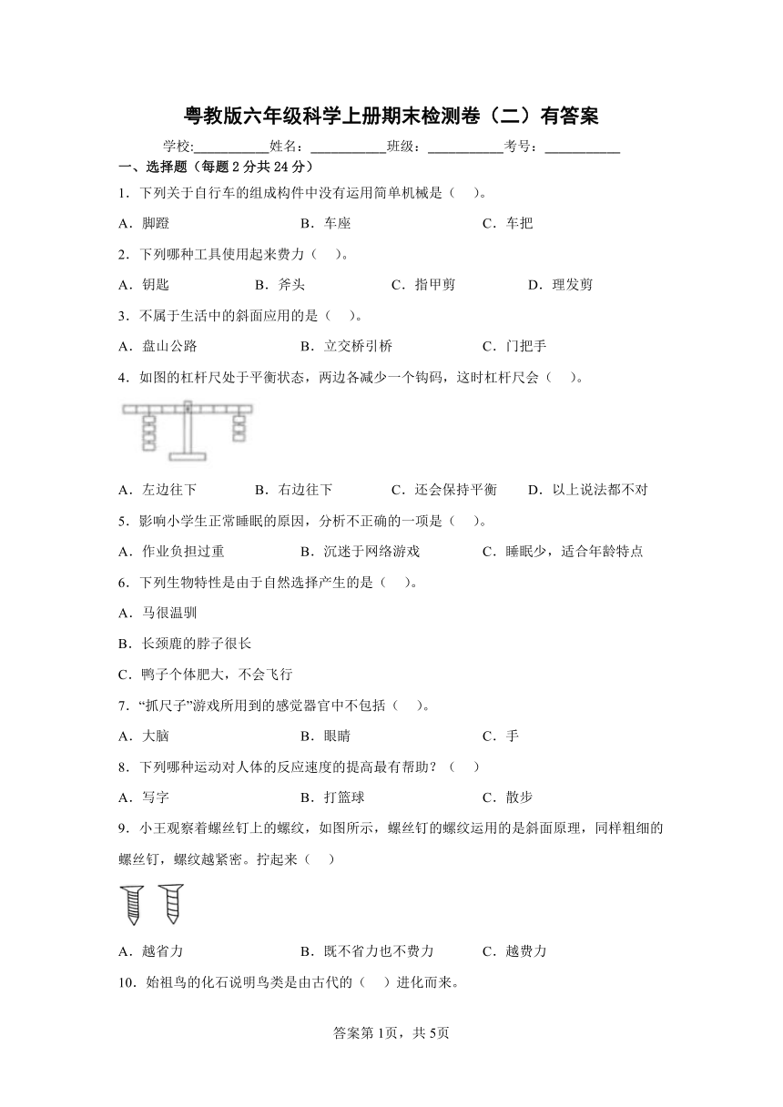 粤教版（2017秋）六年级科学上册期末检测卷（二）有答案