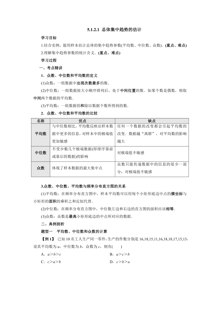 人教B版（2019）数学必修第二册5_1_2_1总体集中趋势的估计 导学案（含答案）