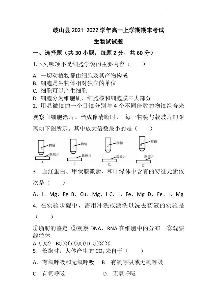 陕西省宝鸡市岐山县2021-2022学年高一上学期期末考试生物试题（Word版含答案）