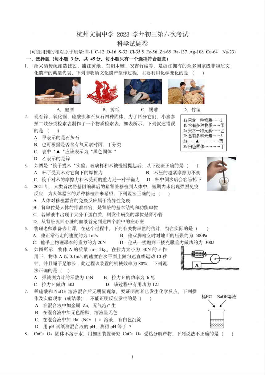 浙江省杭州市文澜中学2023学年初三第六次考试 科学试题卷（PDF版 含答案）