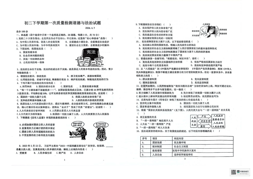 黑龙江省齐齐哈尔市五地市联考2023-2024学年八年级下学期4月月考道德与法治试题（PDF版无答案）