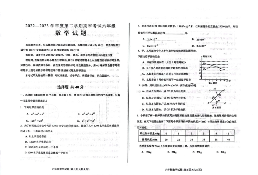 山东省济南市莱芜区（五四制）2022-2023学年六年级下学期期末考试数学试题(图片版含答案)