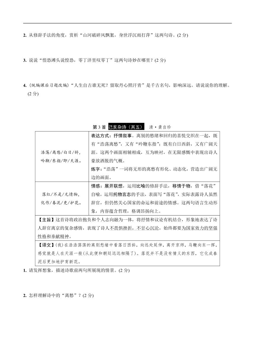 2020年中考专题复习 初中课标40首古诗词曲分类鉴赏及训练（含答案）