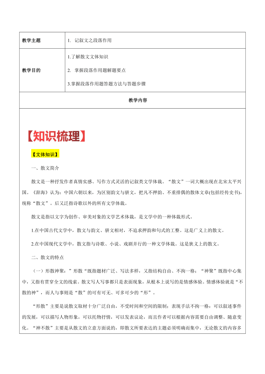 【机构专用】19 记叙文之段落作用 讲义—2022年六年级升七年级语文暑假辅导（含答案）