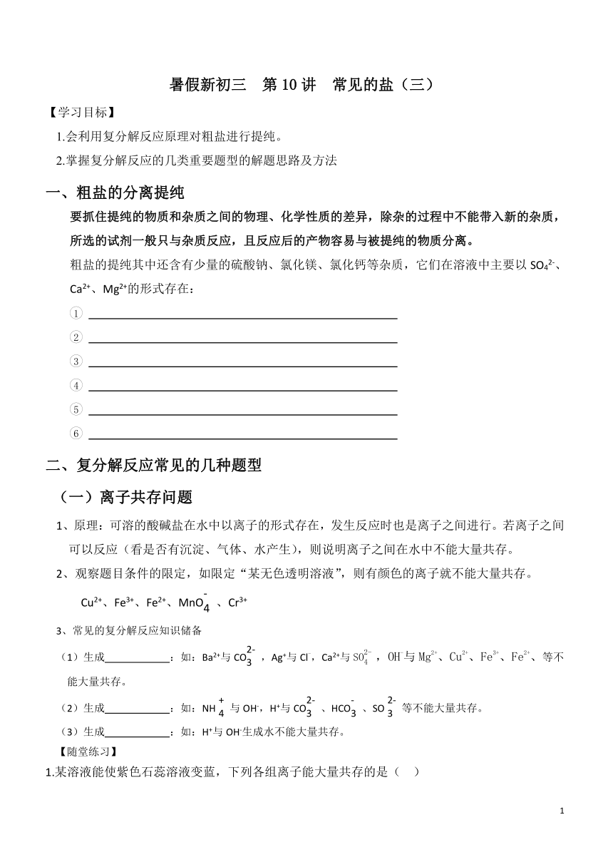 2021年 暑假新初三科学  第10讲  常见的盐（三）（知识讲解+针对练习）（无答案）