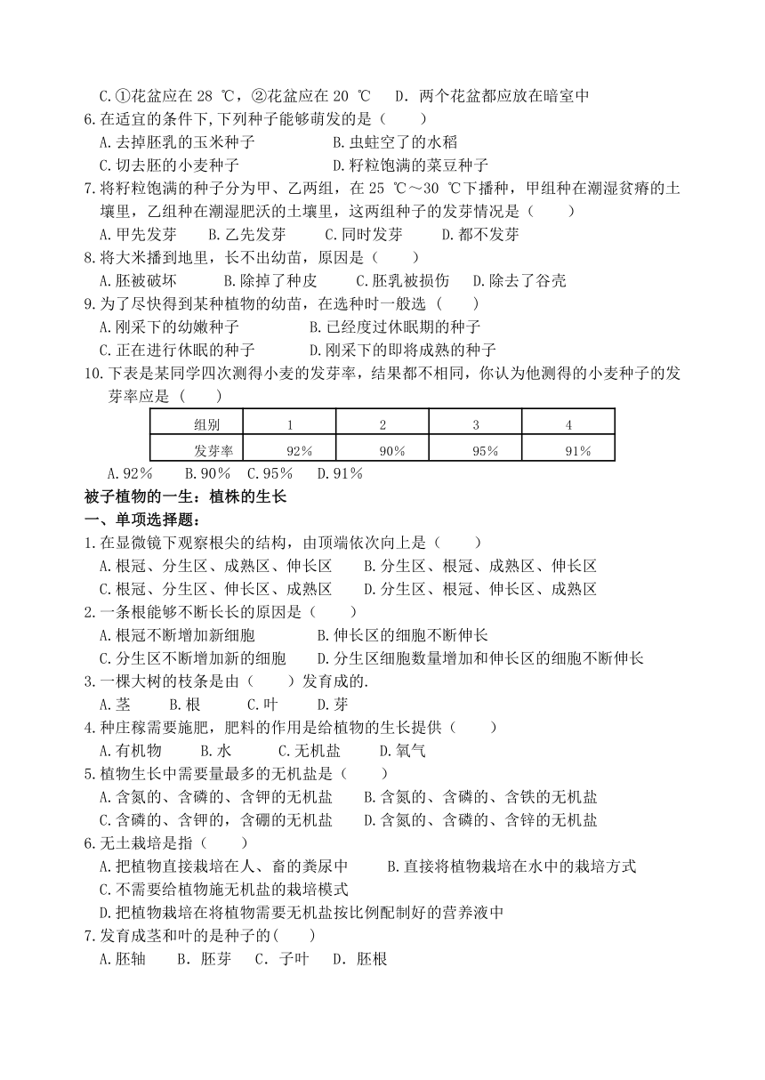 人教版生物七年级上册  第三单元  生物圈中的绿色植物练习（Word版无答案）