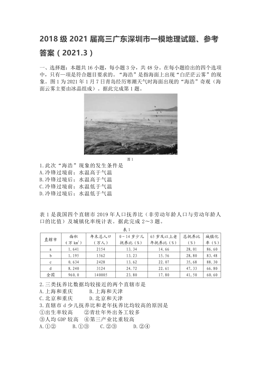 2021届高三广东深圳市一模地理试题Word版含答案