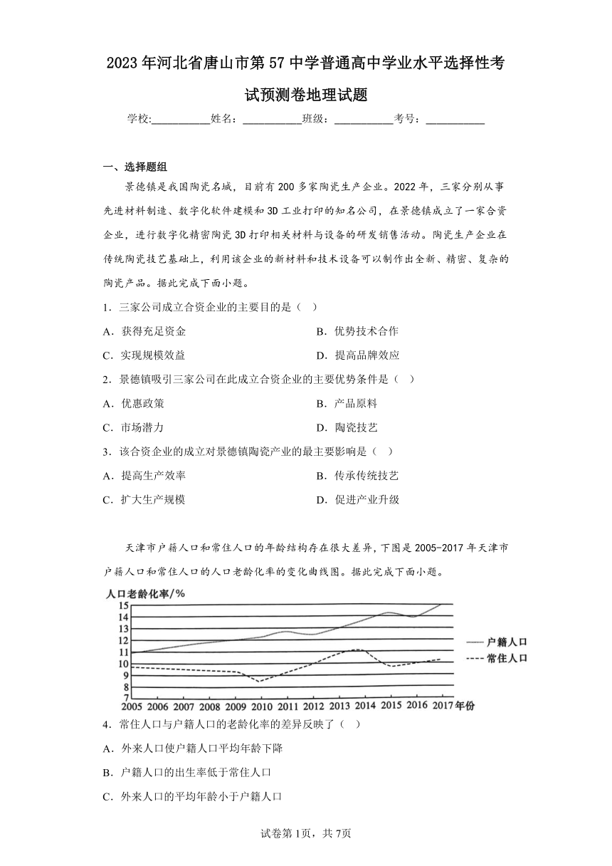 2023年河北省唐山市第57中学普通高中学业水平选择性考试预测卷地理试题（含解析）