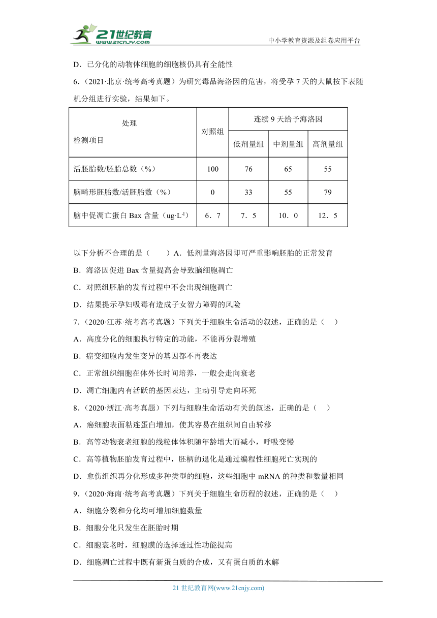 五年2018-2022高考生物真题按知识点分类汇编29-细胞的死亡（含解析）