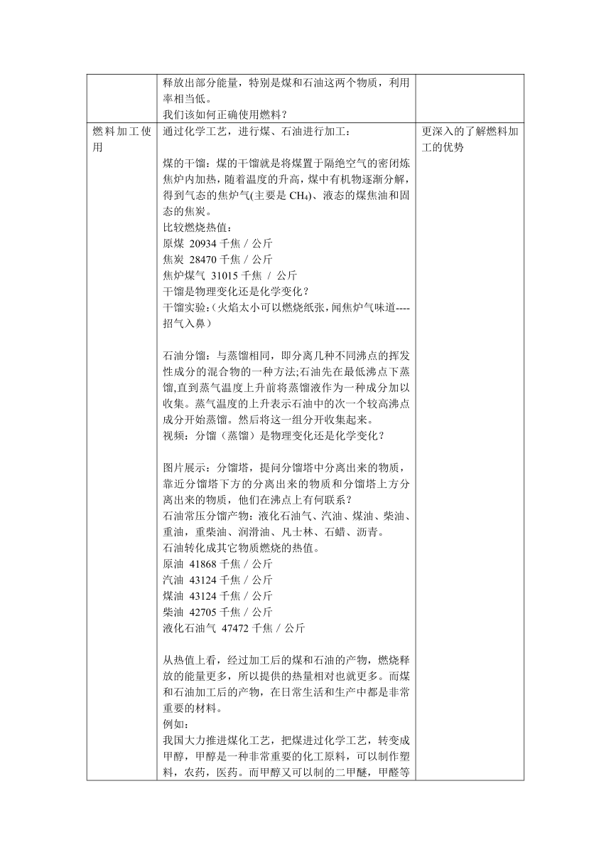 沪教版（上海）初中化学九年级上册 4.4  化学燃料  教案(表格式)