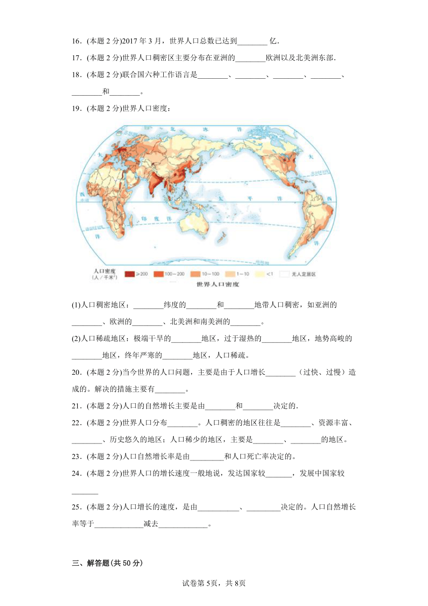 5.1世界的人口同步练习商务星球版地理七年级上册（含答案）