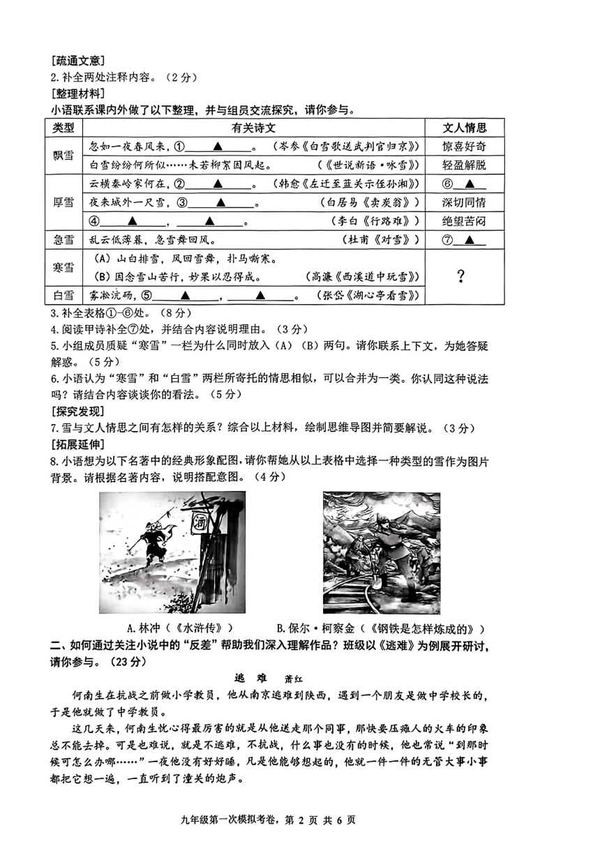 2024年浙江省温州外国语学校中考一模语文试题（扫描版，无答案）