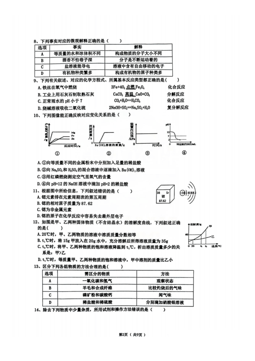 黑龙江省哈尔滨市道里区2023-2024学年度九年级理化综合调研测试（一）（扫描版无答案）