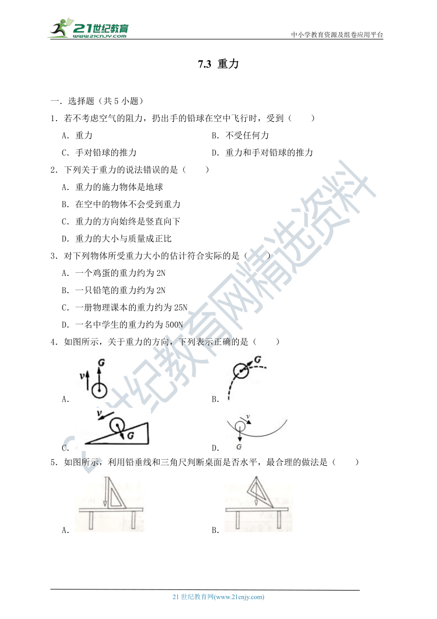 人教版八年级物理下册《7.3 重力》基础训练（含解析）