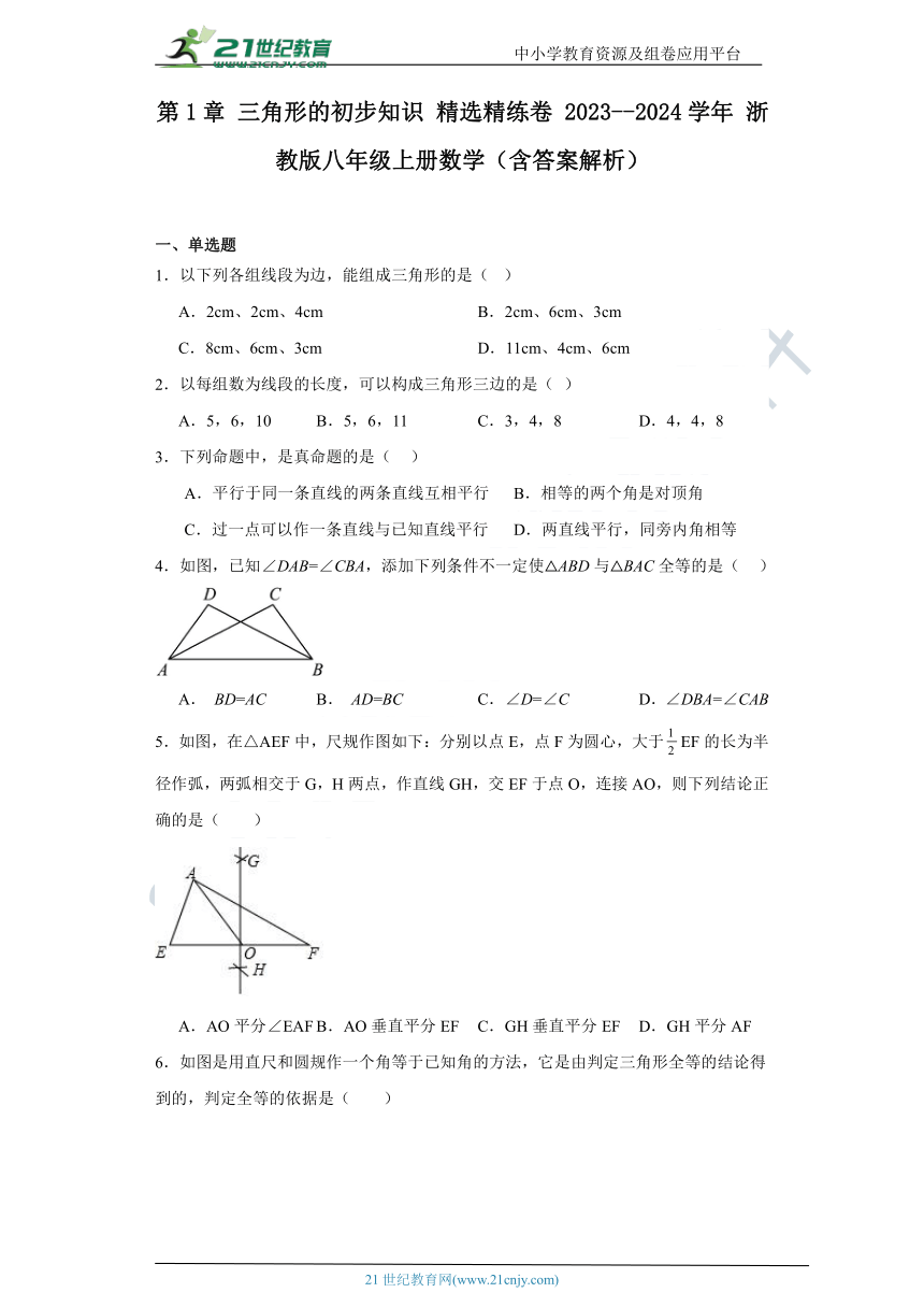 第1章 三角形的初步知识 精选精练卷 2023--2024学年 浙教版八年级上册数学（含解析）