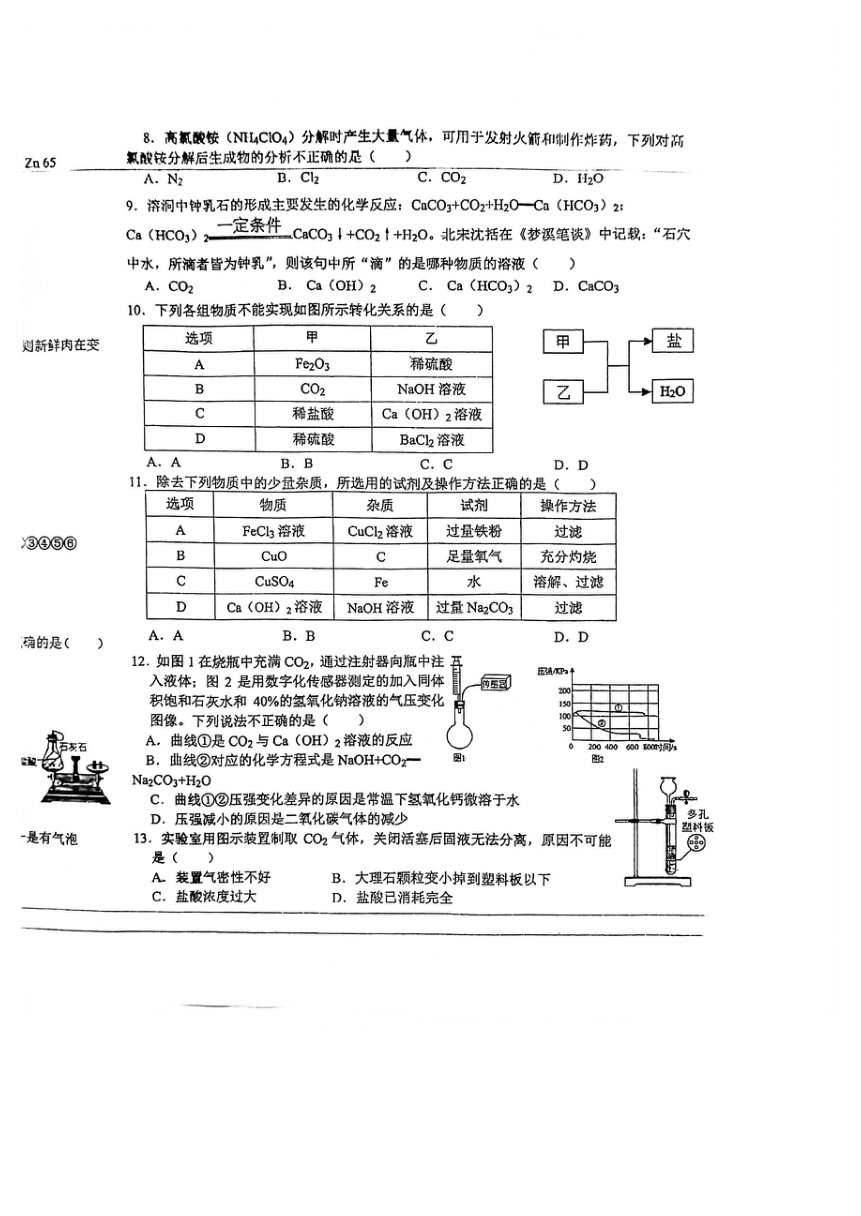 浙江省宁波市北仑区春晓实验学校2021学年第一学期九年级科学期中试卷（四校联考  PDF 无答案 1-3章）