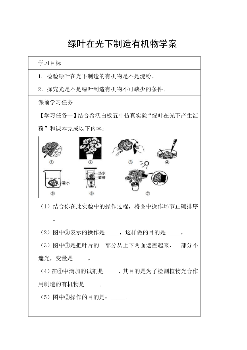 3.4绿色植物是生物圈中有机物的制造者（第1课时）：绿叶在光下制造有机物学案（无答案）（表格式）