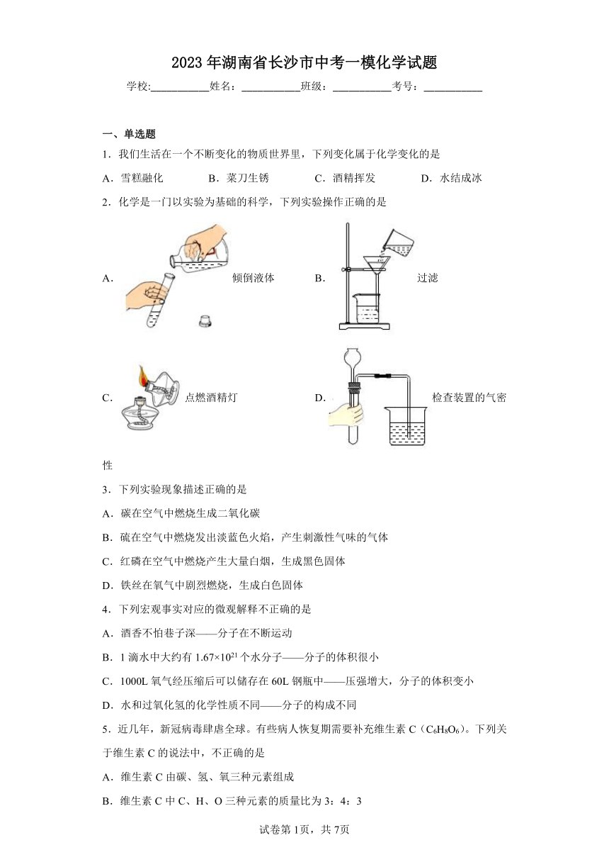 2023年湖南省长沙市中考一模化学试题(含解析)