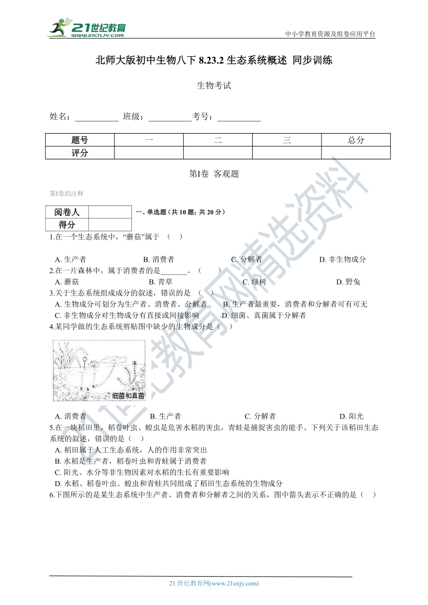 北师大版2021初中生物八下8.23.2生态系统概述 同步训练（含解析）