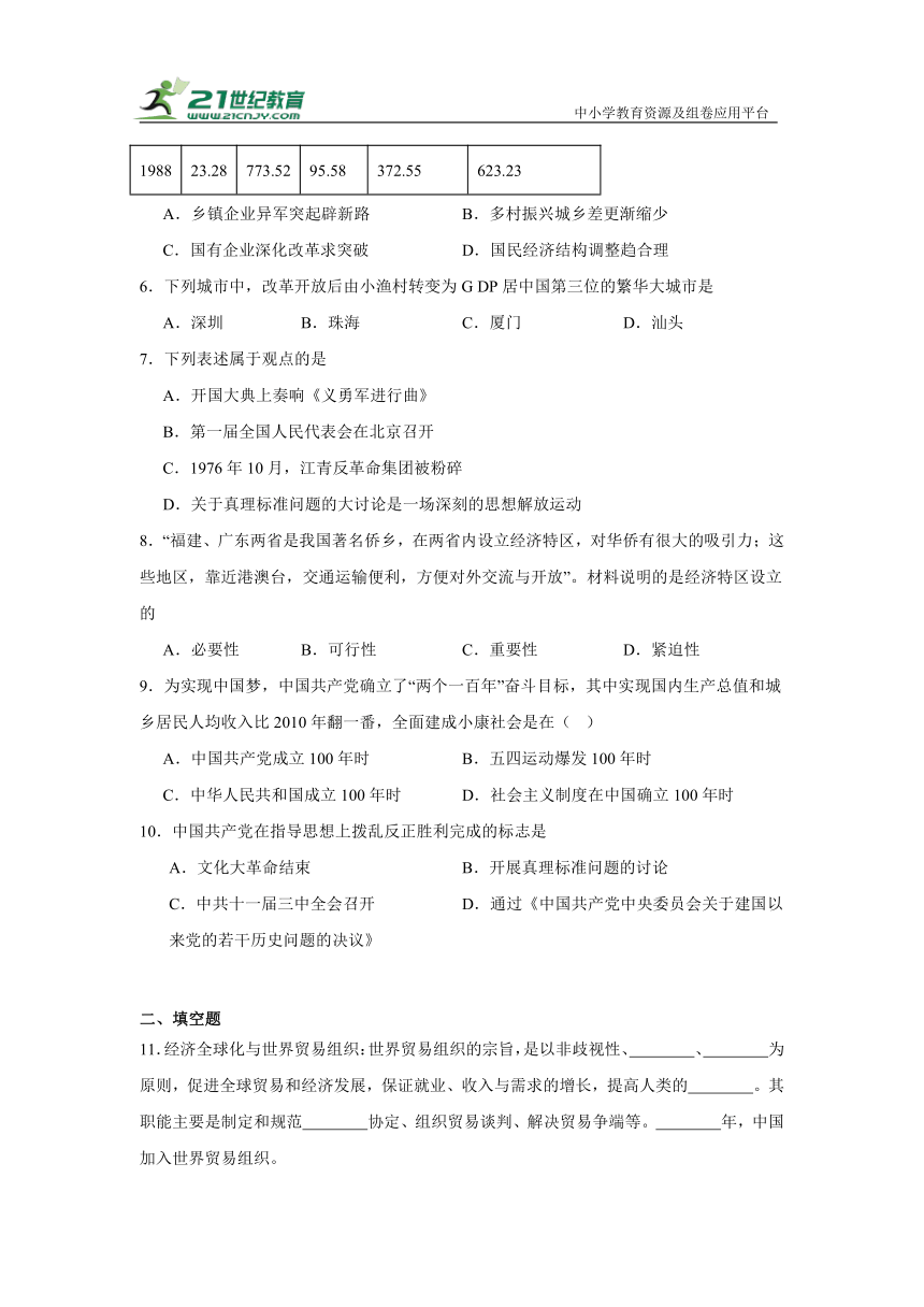 第三单元中国特色社会主义道路 单元练习（含答案）