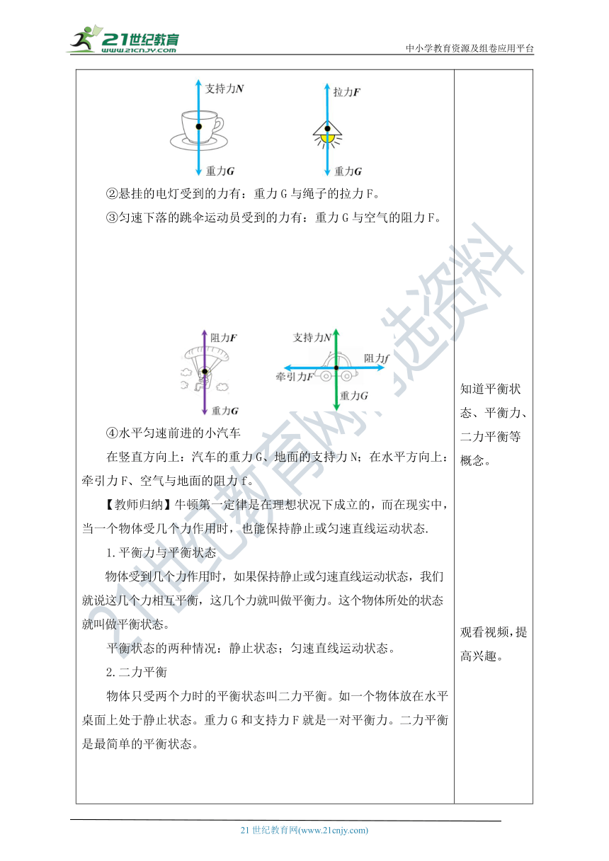 人教版八年级物理下册《8.2 二力平衡》（教学设计）（表格式）
