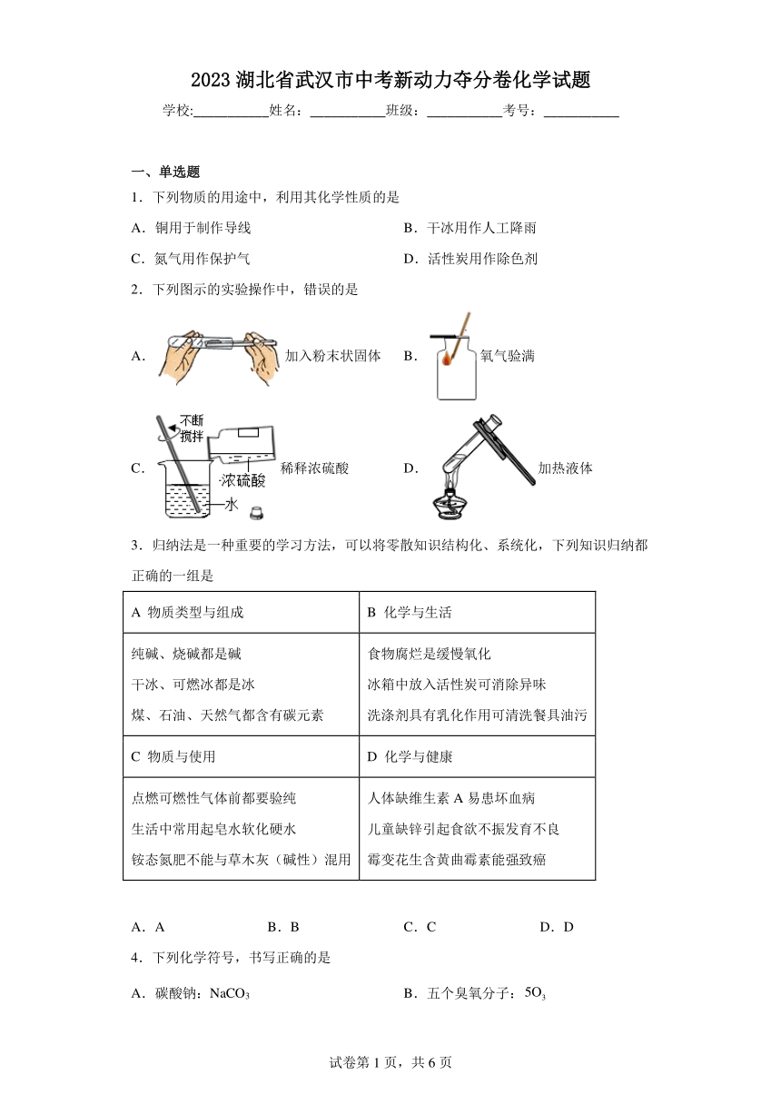 2023湖北省武汉市中考新动力夺分卷化学试题（含解析）