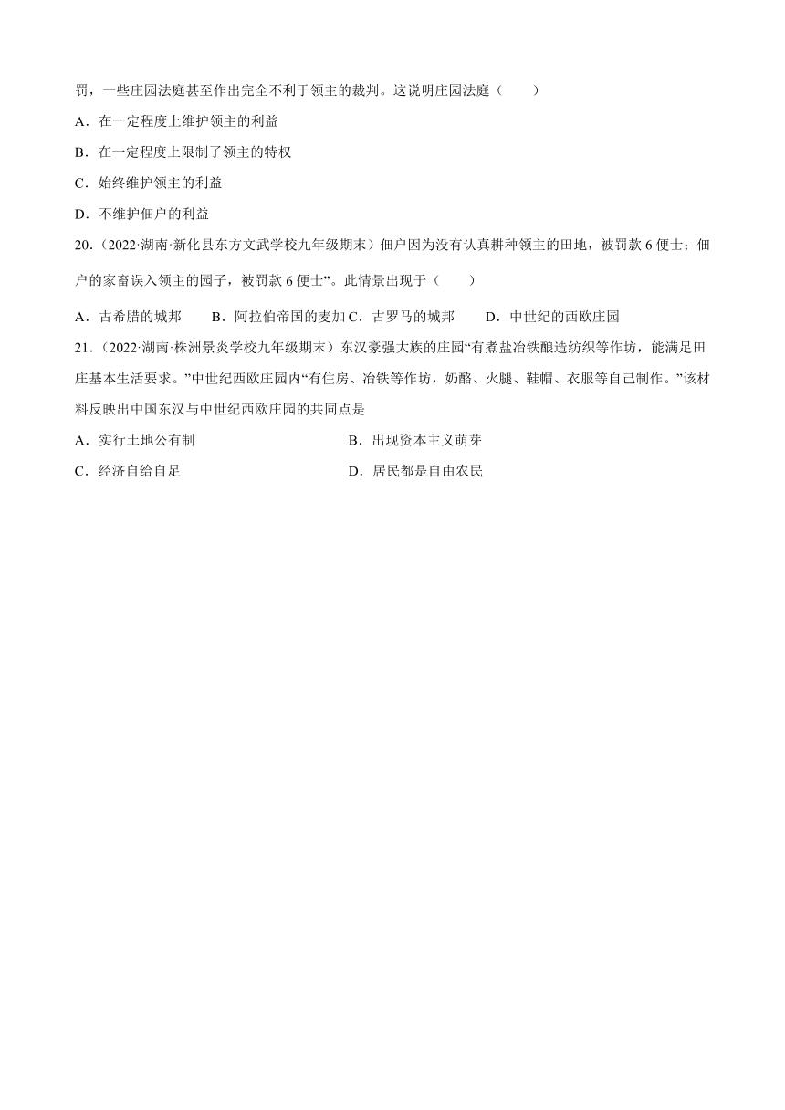 第8课西欧庄园期末试题分类选编2021-2022学年上学期湖南省各地九年级历史（含解析)