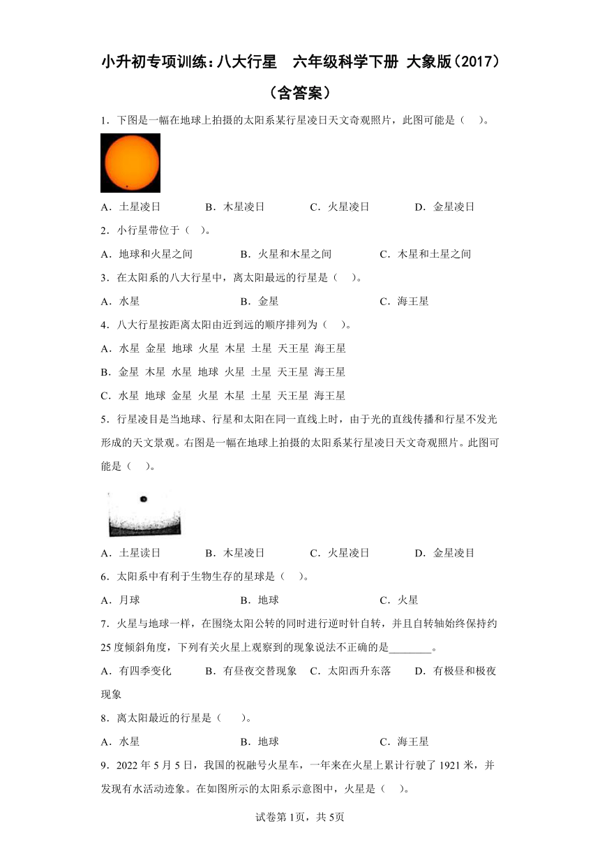 小升初专项训练：八大行星  六年级科学下册 大象版（2017）（含答案）