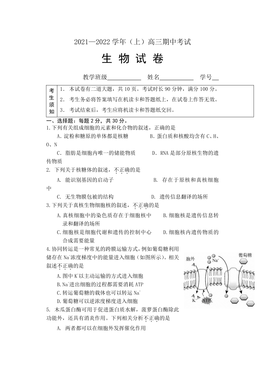 北京市2021-2022学年高三上学期期中考试生物试题（word版含答案）