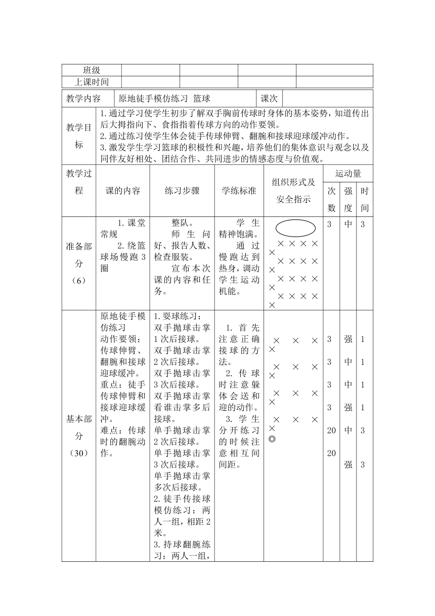 小学体育与健康 通用版 原地徒手模仿练习 篮球 教案（表格式）