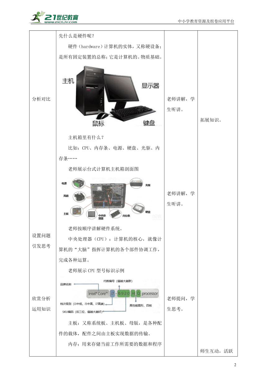 【核心素养目标】湘电子版2.4认识计算机硬件系统 教案