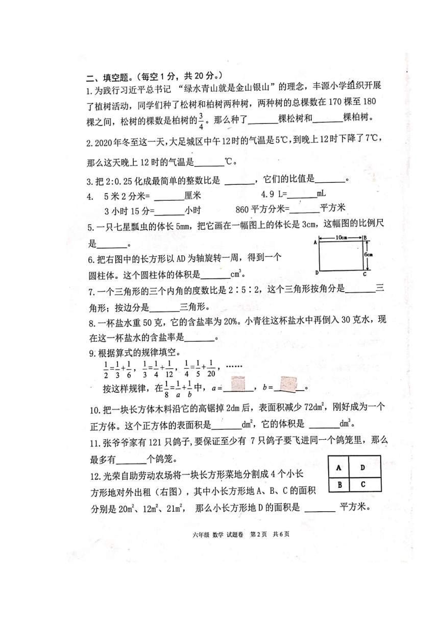 重庆市潼南区2020-2021学年第二学期六年级下数学期末检测试题 （扫描版，含答案）