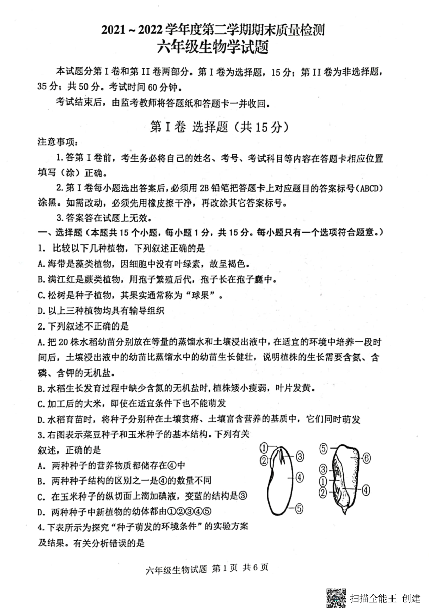 山东省泰安市东平县2021-2022学年六年级下学期期末质量检测生物试题（PDF版无答案）