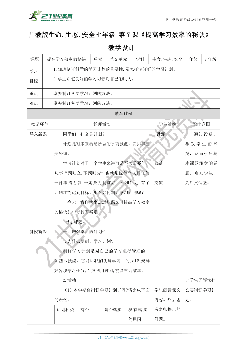 川教版七年级《生命.生态.安全》上册  第7课《提高学习效率的秘诀》 教案